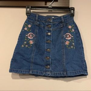 High Waisted Embroidered Florals Denim Skirt